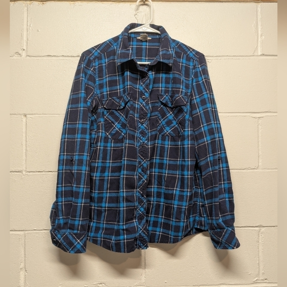 DULUTH TRADING Co. (Women's Large) Blue Plaid Flannel Button-Up Shirt